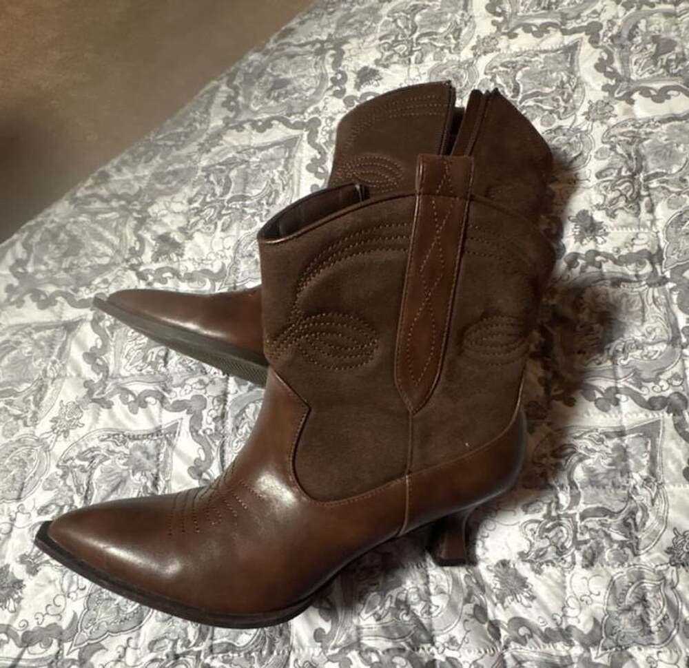 Comfort Plus Western Ankle Boots Brown Kitten Heel